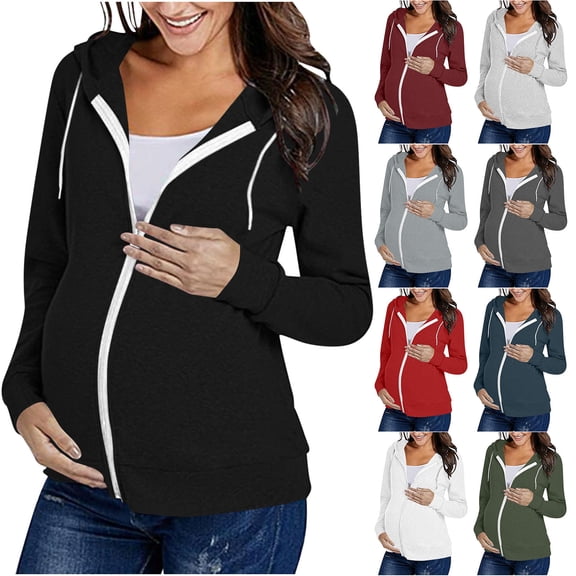 Swuxness Maternity Casual Long Sleeve Coat, Spring and Summer Pregnant Blouse, Womens Solid Color Casual Comfortable Hooded Zip Up Outerwear for Pregnancy Jacket Red, S