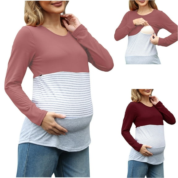 Swuxness Maternity Casual Long Sleeve Top, Spring and Summer Pregnant Blouse, Women Solid Print Round Neck Comfortable Comfortable Soft Lightweight Nursing Shirts Wine, XL