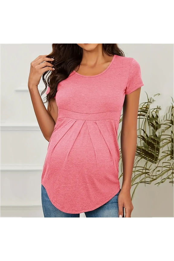 Maternity Casual Short Sleeve Top, Spring and Summer Pregnant Blouse, Women Solid Color Crew Neck Waist Defining Comfortable Lightweight Soft Pregnancy Shirt Red, M