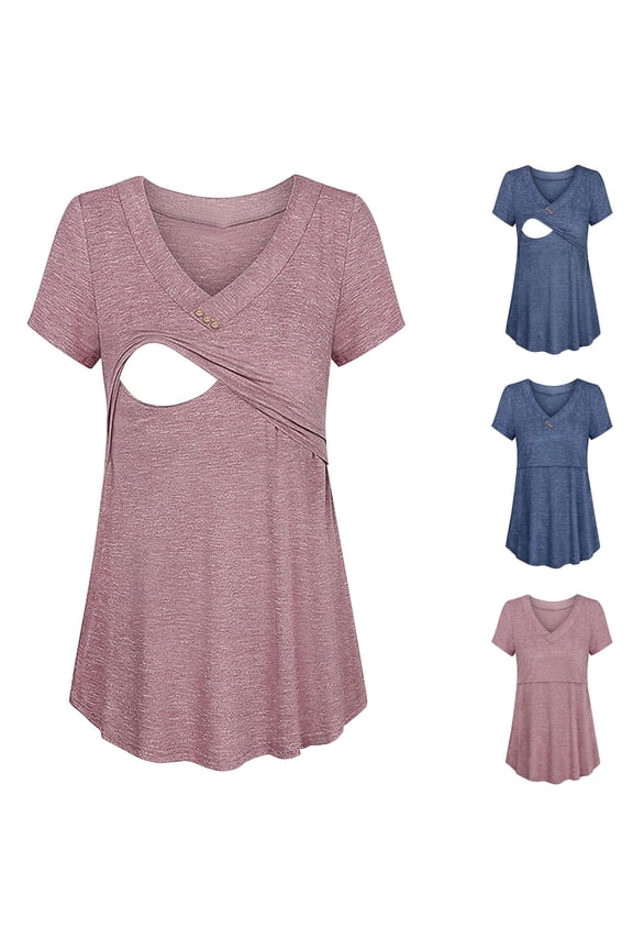 Maternity Casual Short Sleeve Top, Spring and Summer Pregnant Blouse, Women Solid Color Round Neck Button Down Stylish Breastfeeding Maternity Nursing Shirt Blue, M