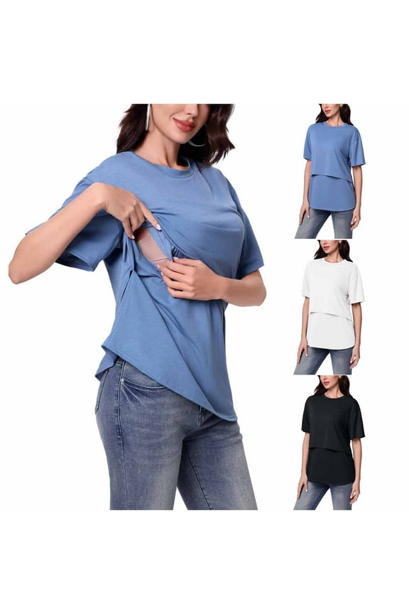 Maternity Casual Short Sleeve Top, Spring and Summer Pregnant Blouse, Women Solid Color Round Neck Comfortable Lightweight Soft Breastfeeding Shirts Blue, M