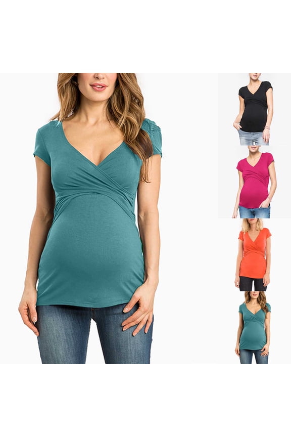 Maternity Casual Short Sleeve Top, Spring and Summer Pregnant Blouse, Womens Solid Color V Neck Elastic Comfortable Soft Lightweight Fitted Nursing Tee Orange, M