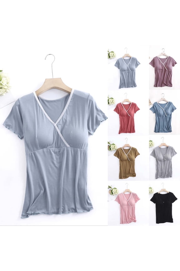 Maternity Casual Short Sleeve Top, Spring and Summer Pregnant Blouse, Womens V Neck Stripe Nursing Comfortable Soft Lightweight Casual Pullover Shirts Yellow, M