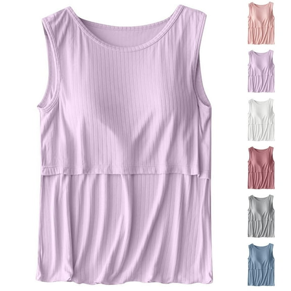 Swuxness Maternity Casual Sleeveless Top, Spring and Summer Pregnant Blouse, Women Solid Color Crew Neck Lightweight Removable Padding Pajamas Nursing Tank Watermelon Red, XL