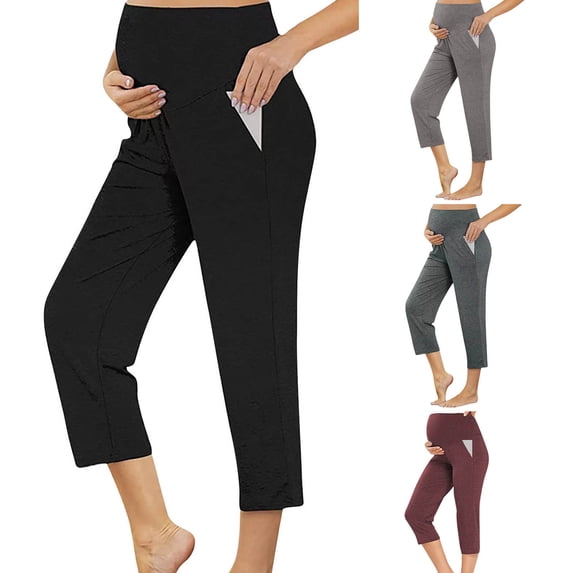 Swuxness Maternity Casual Wide Leg Capris Pants, Pregnant Sports Pants, Women Solid Color High Waisted Stretch Loose Belly Support Comfortable Straight Leg Pants Wine, L