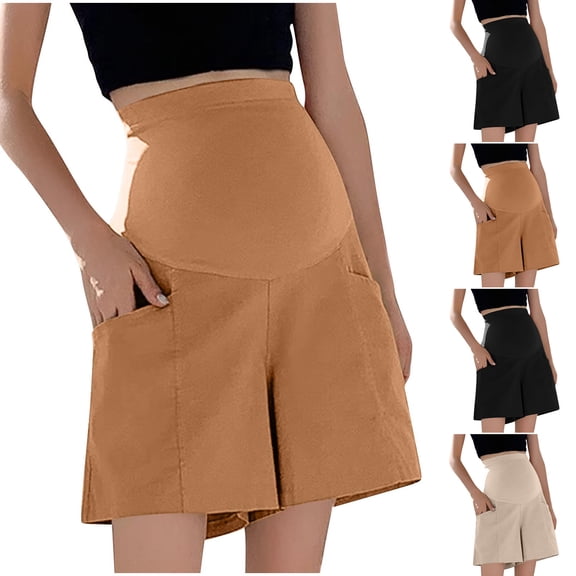 Swuxness Maternity Plus Size Wide Shorts Pants, Pregnant Sports Pants, Women Solid Color High Waisted Stretchable Adjustable Waistband Casual Wear Loose Pants Black, S