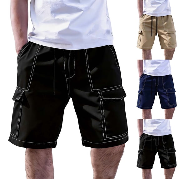 Swuxness Men Cargo Half Shorts Pants Drawstring Elastic Waist Pockets Mountaineering Attire