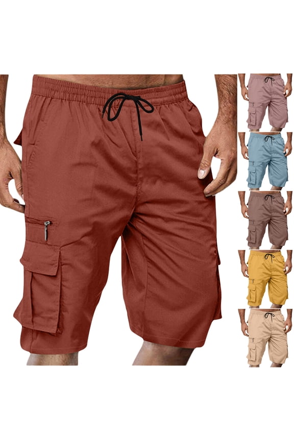 Men Cargo Half Shorts Pants Slant Pockets Drawstring Elastic Waist Rugged Outfit