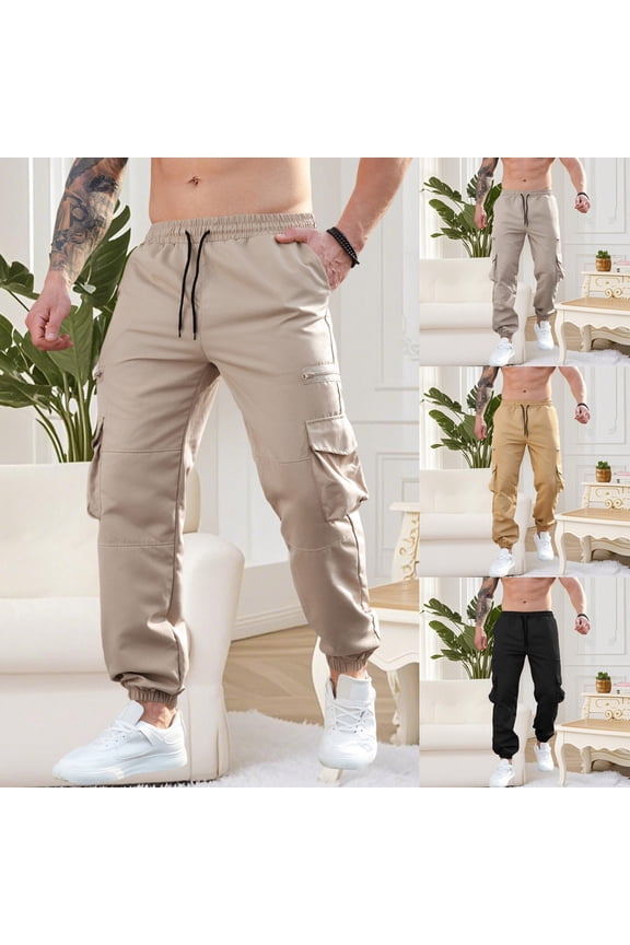 Men Cargo Long Pants Classic Solid Color Angle Pockets Working Casual Garment