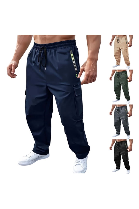 Men Cargo Long Pants Zipper Pocket Elastic Waist Rugged Working Field Attire