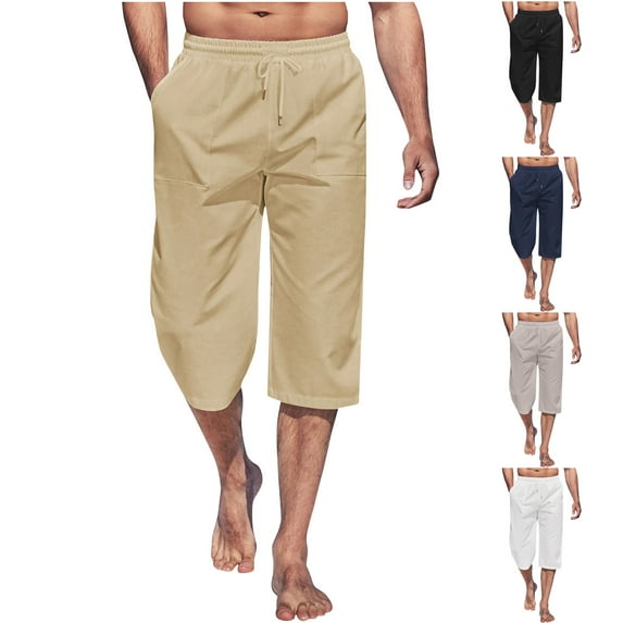 Swuxness Men Elastic Waist Drawstring Solid Color Pocket Capris Pants Casual Lightweight