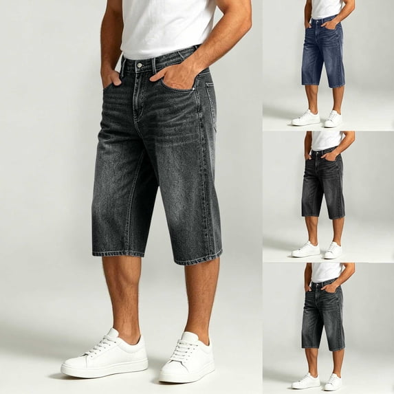 Swuxness Men Jeans Capris Pants Solid Color Basic Pockets Button Waist Classic Denim Wear