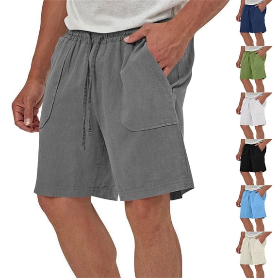 Swuxness Men Linen Casual Straight-Leg Shorts Pants Loose Drawstring Waist Pocket Wear