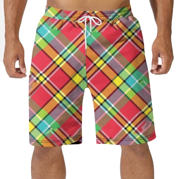 Swuxness Men Plaid Drawstring Pocket Elastic Waist Pajamas Pants Short Soft Breathable Home Leisure Daily