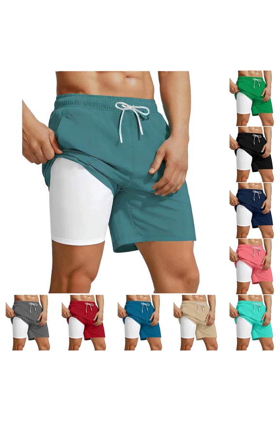 Men Solid Color Swim Trunks Drawstring Pocket Pants Short Wicking Sports Lined Breathable