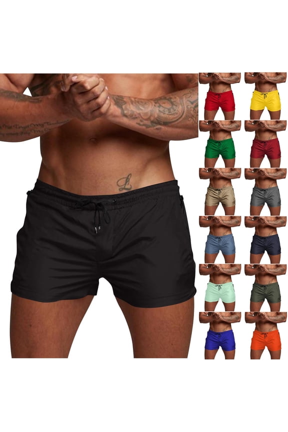 Men Solid Color Zipper Pocket Mesh Lined Outdoor Gym Pants Short Breathable Casual Sports Daily Wear