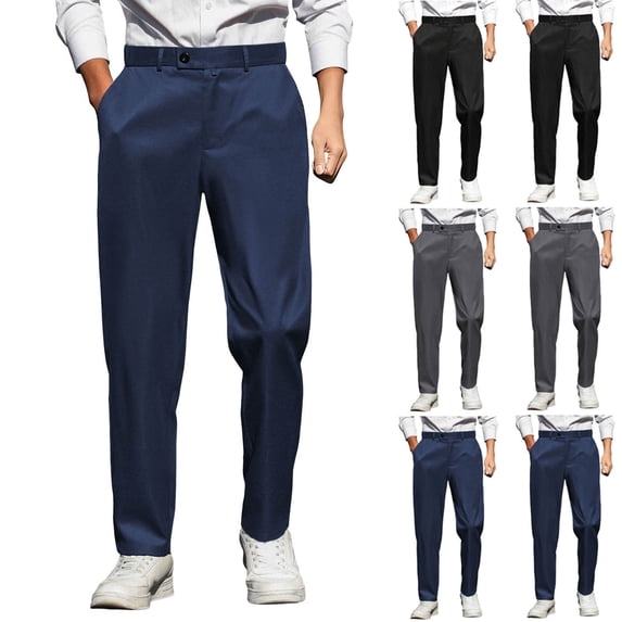 Swuxness Men's Formal Khaki Pants Fashion Thin Loose Stretch Long Dress Pants Straight Leg Casual Sports Trousers with Pockets Navy, M
