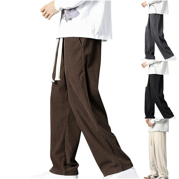 Swuxness Men's Jogger Sweatpants Solid Color Corduroy Elastic Waist Straight Leg Casual Long Track Pants with Pockets Trousers Black, L
