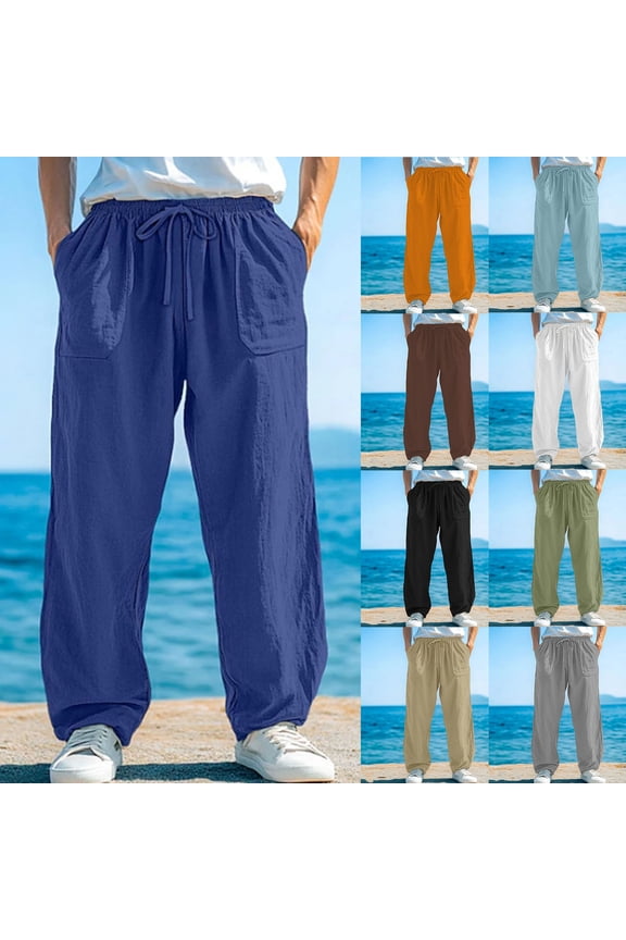 Men's Joggers Solid Color Beach Long Sweatpants with Pockets Elastic Drawstring Waist