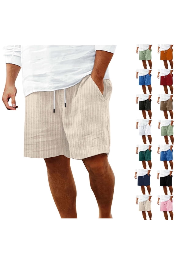 Men's Linen Like Beach Half Short Pants Elastic Waist Pocket Straight Leg Breathable Soft Sports
