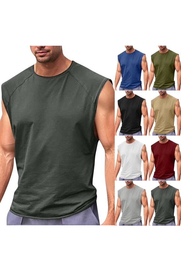 Men's Sleeveless Vintage Solid Color Stretch Fittedness Sports Crew Neck Tank