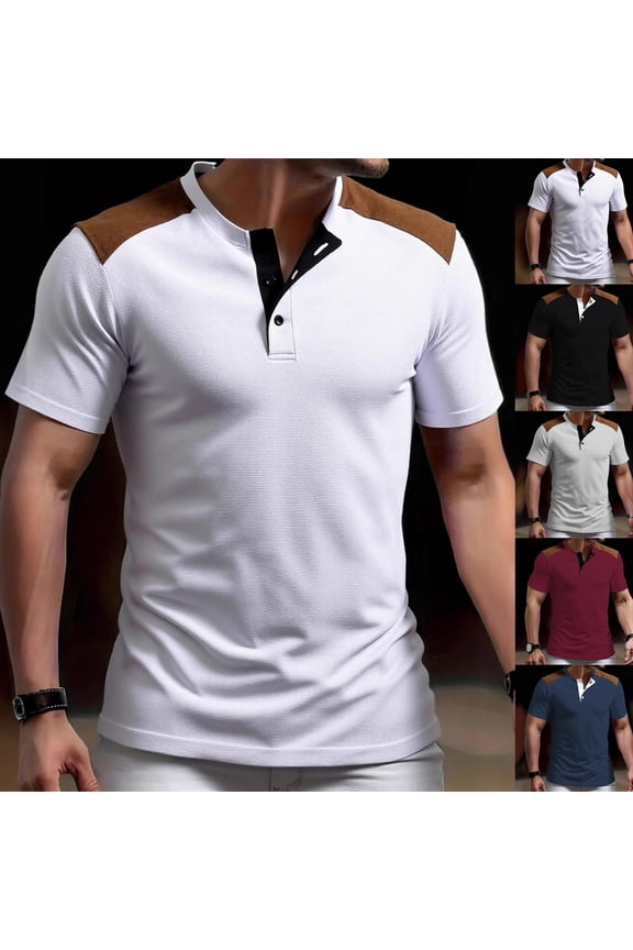 Mens Casual Half Button Stand Collar Printed Short Sleeve Tee Top Leisure and Outdoor Use Shirts