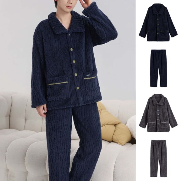 Swuxness Mens Long Sleeve Pajama 2 Piece Sets, Men's Long Pants Set, Men Fleece Solid Color Warm Comfortable Relaxed Fitted Home Sleepwear Pajamas Set Gray, XL