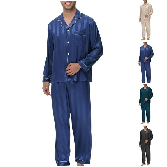 Swuxness Mens Long Sleeve Pajama 2 Piece Sets, Men's Long Pants Set, Men Ice Silk Satin Solid Color Soft Breathable Lightweight Comfortable Home Loungewear Pajama Set Black, XL