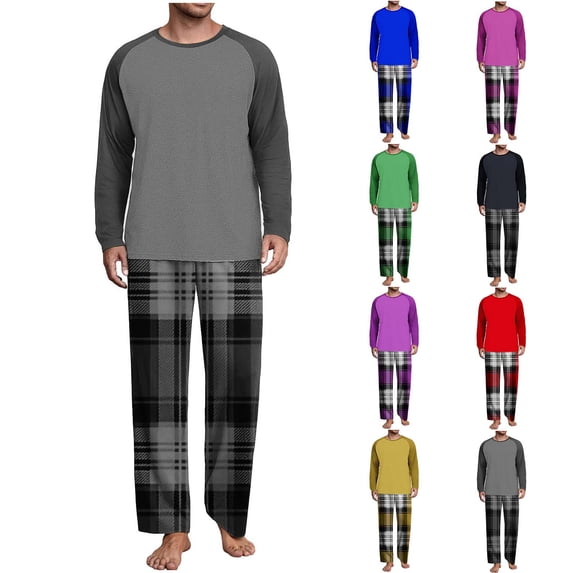 Swuxness Mens Long Sleeve Pajama 2 Piece Sets, Men's Long Pants Set, Men Raglan Color Crew Neck Shirt Plaid Comfortable Lightweight Relaxed Loungewear Pajamas Set Red, XXXL