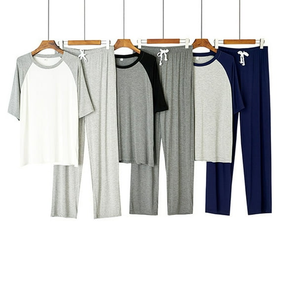 Swuxness Mens Short Sleeve Pajama 2 Piece Sets, Men's Long Pants Set, Men Raglan Color Crew Neck Comfortable Breathable Lightweight Relaxed Pajamas Set Gray, XXL