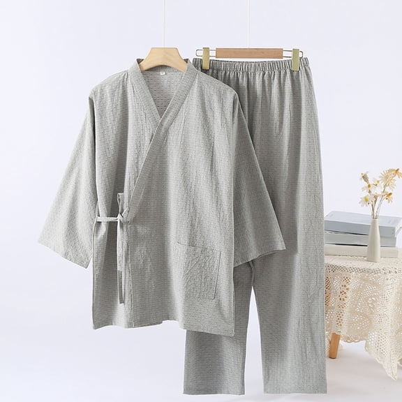 Swuxness Mens Short Sleeve Pajama 2 Piece Sets, Men's Long Pants Set, Men's Solid Color V-Neck Loose Lightweight Casual Loungewear Pajama Set with Pockets Gray, M