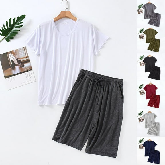 Swuxness Mens Short Sleeve Pajama 2 Piece Sets, Men's Short Pants Set, Men Fashion Solid Color Casual V Neck Comfortable Breathable Lightweight Relaxed Pajama Set Gray, XL
