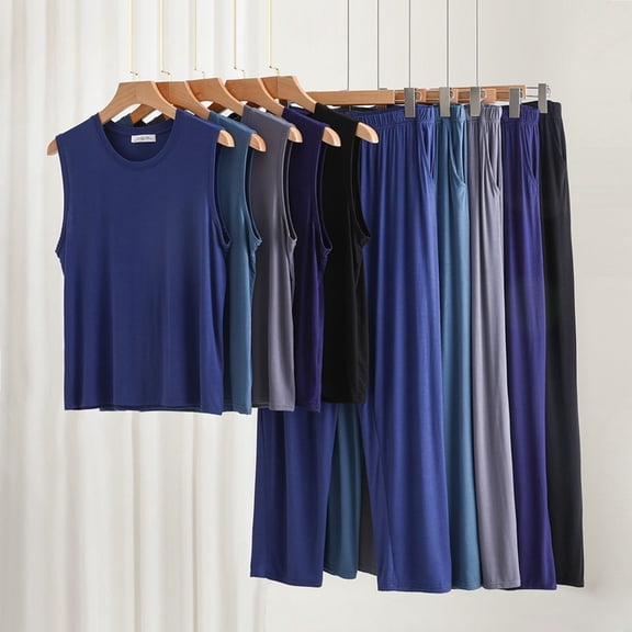 Swuxness Mens Sleeveless Pajama 2 Piece Set, Men's Long Pants Set, Men Crew Neck Shirt Comfortable Breathable Lightweight Relaxed Pajamas Set Navy, XXXXL