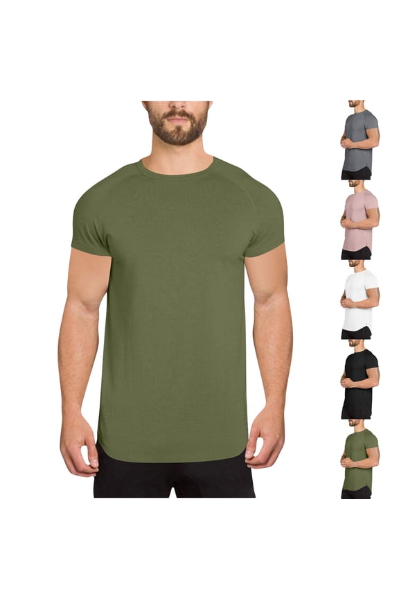 Mens Solid Color Training Raglan Sleeve Short Sleeve Round Neck Tee Curved Hem Top