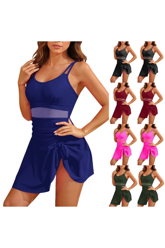 Mesh Splice One Piece Swimsuits Women Solid Color Stylish Lightweight Breathable Beach Wear