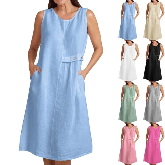 Swuxness Midi Dresses for Women Slub Linen Button Pocket Loose Beach Resort Dress