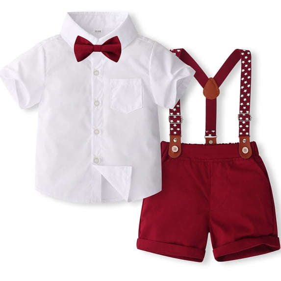 Swuxness Toddler Boys Bow Ties Short Sleeve Shirt Star Suspender Shorts 2 Piece Outfit Suits Dressy Style White 4-5 Years