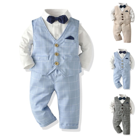 Swuxness Toddler Boys Long Sleeve Lapel Shirt Short Sleeve Tank Pants Bow Ties 4 Piece Outfit Suits Light Blue 2-3 Years
