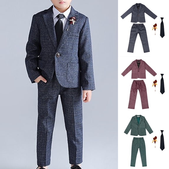 Swuxness Toddler Boys Solid Color Jacket Pants Ties Brooch 4 Piece Formal Outfit Suits Fashion Dressy Wear Red 9-10 Years