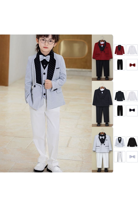 Toddler Boys Solid Color Sequin Formal 4 Piece Outfit Suits Tank Shirt Blazer Jacket Pants Lapel Style Red 2-3 Years