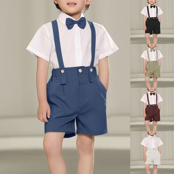 Swuxness Toddler Boys Summer Short Sleeve Shirt with Bow Ties Suspender Pants 4 Piece Formal Outfit Suits Dressy Wear Wine 7-8 Years