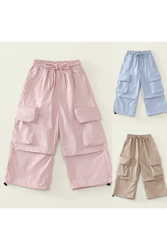 Toddler Cargo Pants, Kids Fall Long Pants, Year Children's Casual Versatile Solid Color Loose Lace Pocket Work Pants Long Pants Blue, 3-4 Years