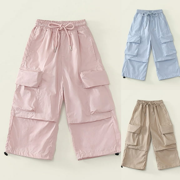 Swuxness Toddler Cargo Pants, Kids Fall Long Pants, Year Children's Casual Versatile Solid Color Loose Lace Pocket Work Pants Long Pants Blue, 4-5 Years