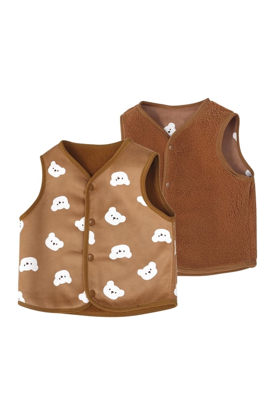 Toddler Casual Fleece Warm Jacket, Kids Fall Sleeveless Coat, Toddler Print 2 Sides Wearable Warm Comfortable Casual Soft Outerwear Jacket for Boys and Girls Brown, 5-6 Years