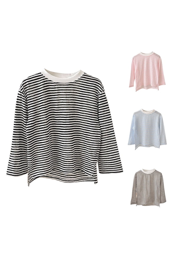 Toddler Casual Long Sleeve Shirts, Toddler Fall Tops, Boys and Girls Striped Sunscreen Base Layer Top Pink, 5-6 Years