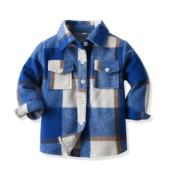 Swuxness Toddler Casual Shirt Coat, Kids Long Sleeve Jacket, Toddler Boys Girls Plaid Shirt Jacket with Collar Brushed Lining Loose Fitted Casual Outwear Blue, 3-4 Years