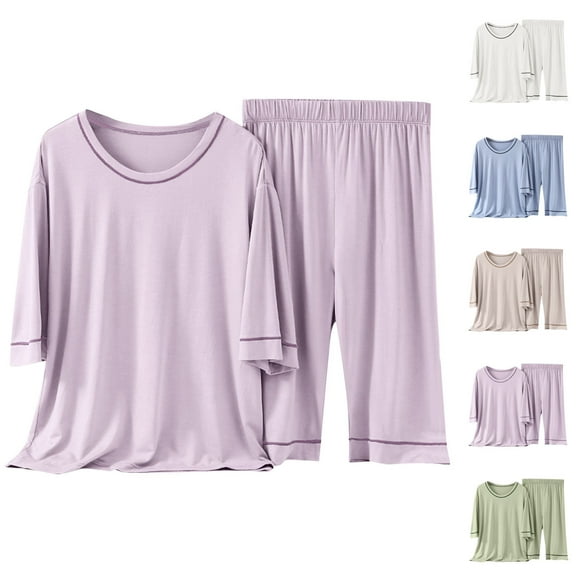 Swuxness Toddler Casual Short Sleeve 2 Piece Sets, Kids Summer Outfit Sets, Children's Summer Solid Color ComfortableShort Three-quarters Sleeve Round-Neck Blouses Purple, 4-5 Years