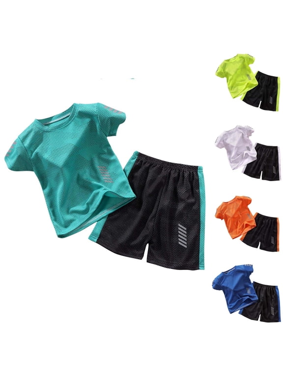 Toddler Casual Short Sleeve 2 Piece Sets, Kids Summer Outfit Sets, Fashion Boy' Casual Short Pants and Round Neck Botton Short Sports Suit Sets Blue, 4 Years