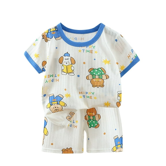 Swuxness Toddler Casual Short Sleeve 2 Piece Sets, Kids Summer Outfit Sets, Girls' Fashion Casual Round Neck Collar Botton Printed Short Pants Sets Blue, 3-4 Years