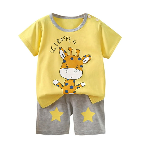 Swuxness Toddler Casual Short Sleeve 2 Piece Sets, Kids Summer Outfit Sets, Girls' Fashion Casual Round Neck Collar Botton Printed Short and Pants Sets Yellow, 6 Months